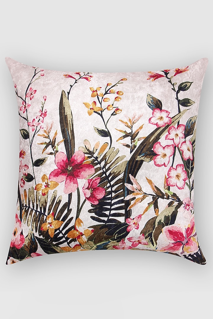 Pink Crushed Velvet & Faux Silk Floral Printed Cushion Cover (Set of 2) by Tasseled Home at Pernia's Pop Up Shop