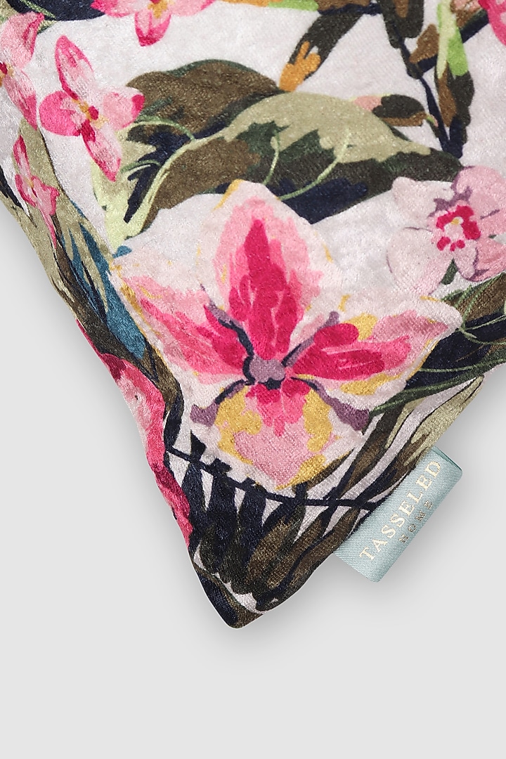 Pink Crushed Velvet & Faux Silk Floral Printed Cushion Cover (Set of 2) by Tasseled Home at Pernia's Pop Up Shop