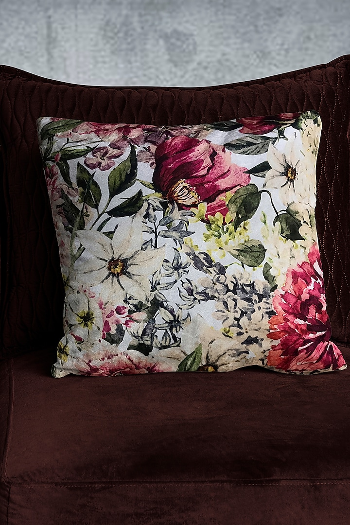 Multi-Colored Crushed Velvet & Faux Silk Floral Printed Cushion Cover (Set of 2) by Tasseled Home