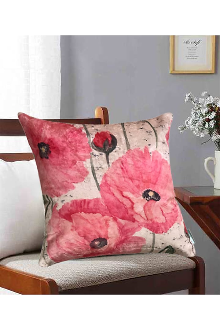 Pink Crushed Velvet & Faux Silk Floral Printed Cushion Cover (Set of 2) by Tasseled Home