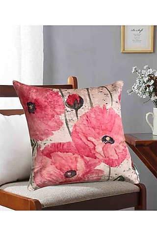 Pink Crushed Velvet & Faux Silk Floral Printed Cushion Cover (Set of 2) by Tasseled Home