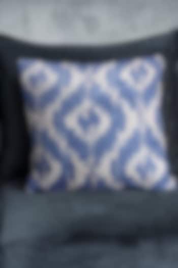 Blue Crushed Velvet & Faux Silk Geometric Printed Cushion Cover (Set of 2) by Tasseled Home