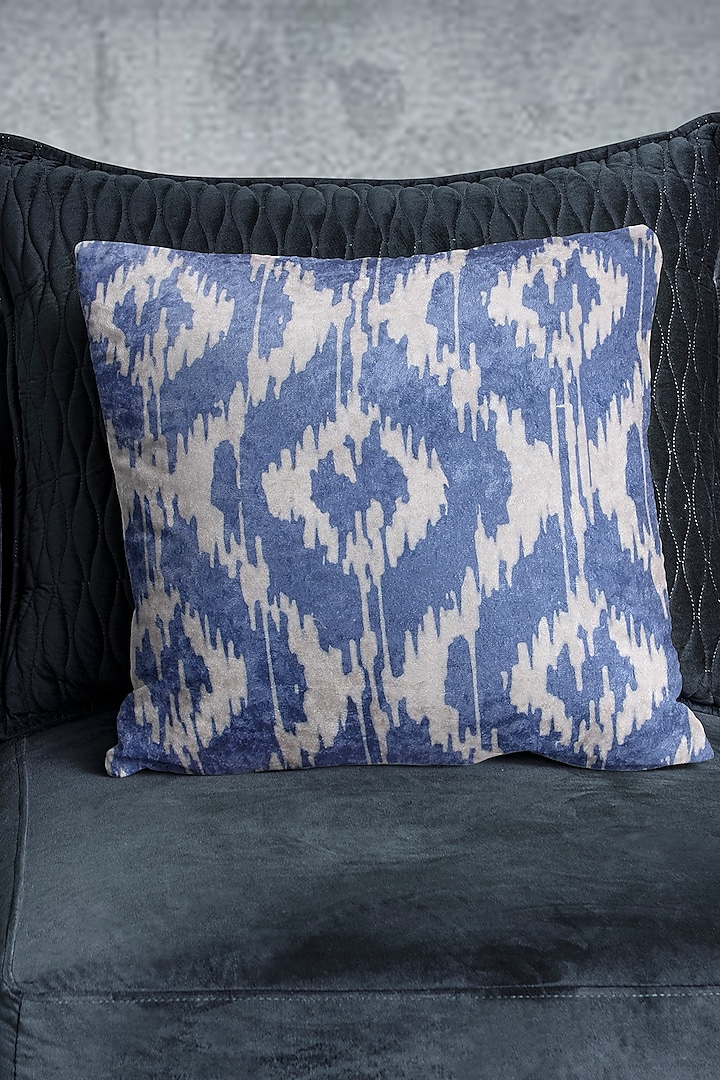Blue Crushed Velvet & Faux Silk Geometric Printed Cushion Cover (Set of 2) by Tasseled Home