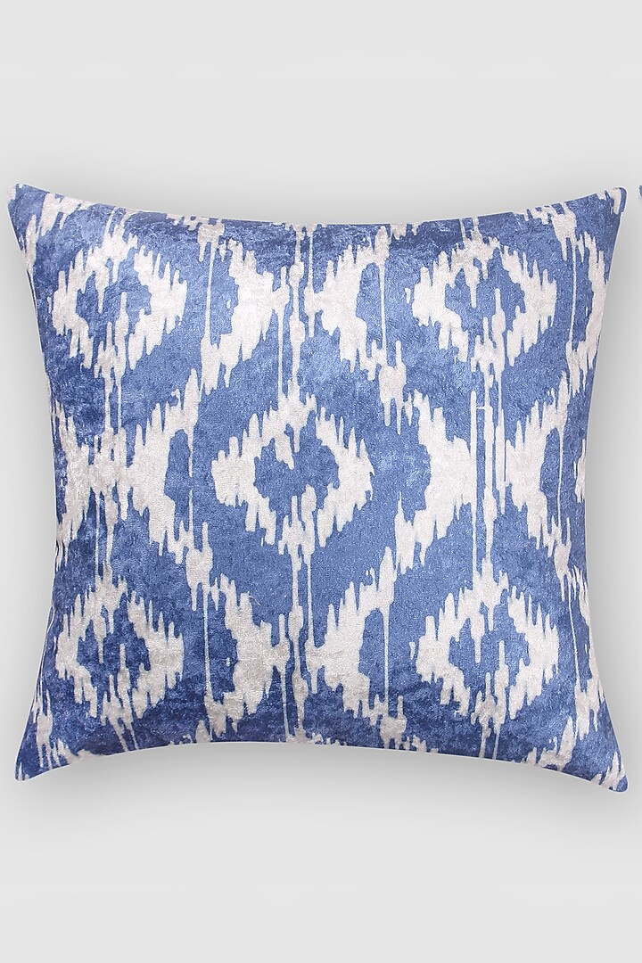 Blue Crushed Velvet & Faux Silk Geometric Printed Cushion Cover (Set of 2) by Tasseled Home at Pernia's Pop Up Shop