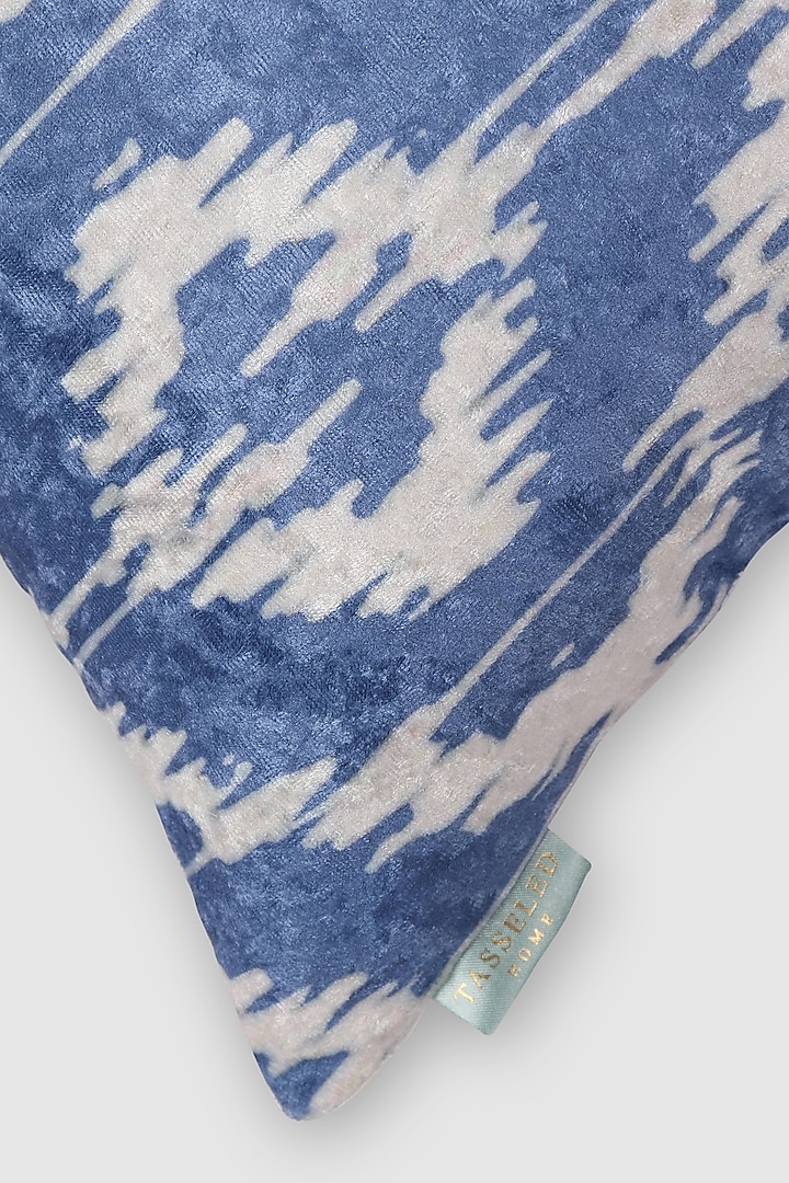 Blue Crushed Velvet & Faux Silk Geometric Printed Cushion Cover (Set of 2) by Tasseled Home at Pernia's Pop Up Shop