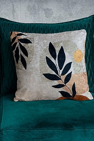 Beige Crushed Velvet & Faux Silk Abstract Printed Cushion Cover (Set of 2) by Tasseled Home