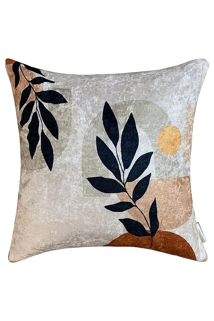 Beige Crushed Velvet & Faux Silk Abstract Printed Cushion Cover (Set of 2) by Tasseled Home at Pernia's Pop Up Shop