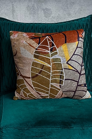 Beige Crushed Velvet & Faux Silk Abstract Printed Cushion Cover (Set of 2) by Tasseled Home