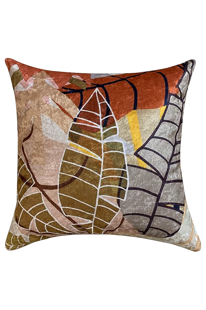 Beige Crushed Velvet & Faux Silk Abstract Printed Cushion Cover (Set of 2) by Tasseled Home at Pernia's Pop Up Shop