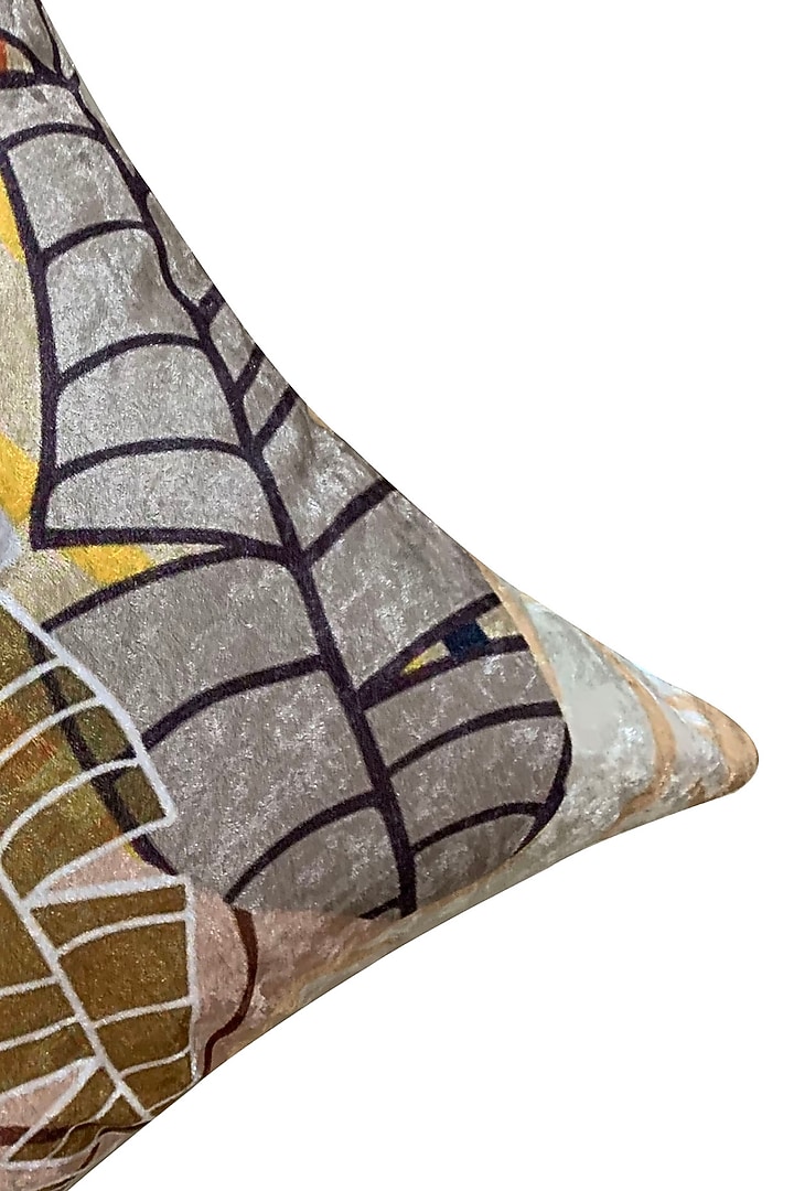 Beige Crushed Velvet & Faux Silk Abstract Printed Cushion Cover (Set of 2) by Tasseled Home at Pernia's Pop Up Shop