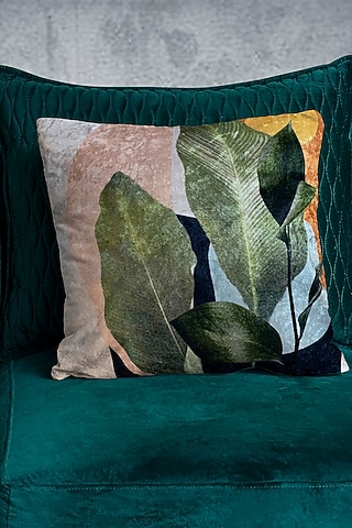 Beige Crushed Velvet & Faux Silk Abstract Printed Cushion Cover (Set of 2) by Tasseled Home