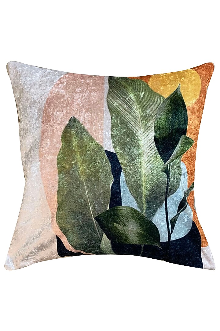 Beige Crushed Velvet & Faux Silk Abstract Printed Cushion Cover (Set of 2) by Tasseled Home at Pernia's Pop Up Shop