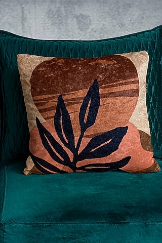 Beige Crushed Velvet & Faux Silk Abstract Printed Cushion Cover (Set of 2) by Tasseled Home