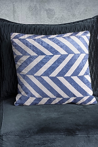 Blue Crushed Velvet & Faux Silk Geometric Printed Cushion Cover (Set of 2) by Tasseled Home