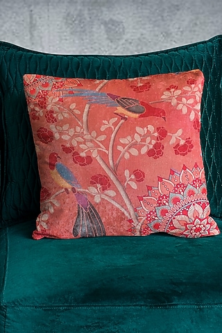 Pink Crushed Velvet & Faux Silk Floral Printed Cushion Cover (Set of 2) by Tasseled Home
