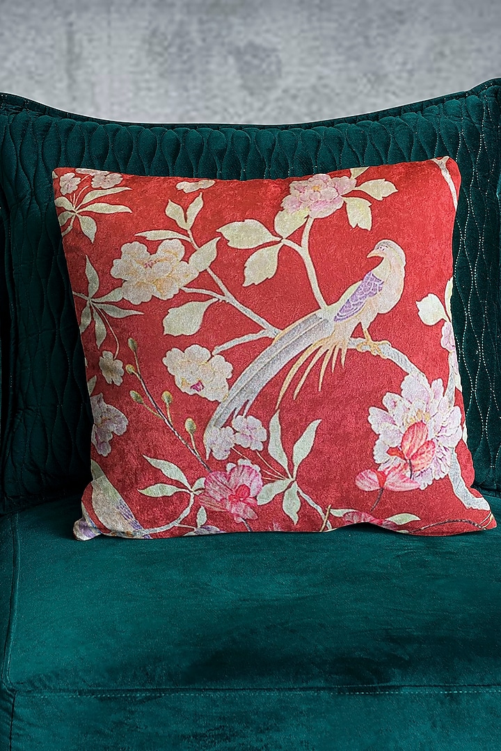Pink Crushed Velvet & Faux Silk Floral Printed Cushion Cover (Set of 2) by Tasseled Home