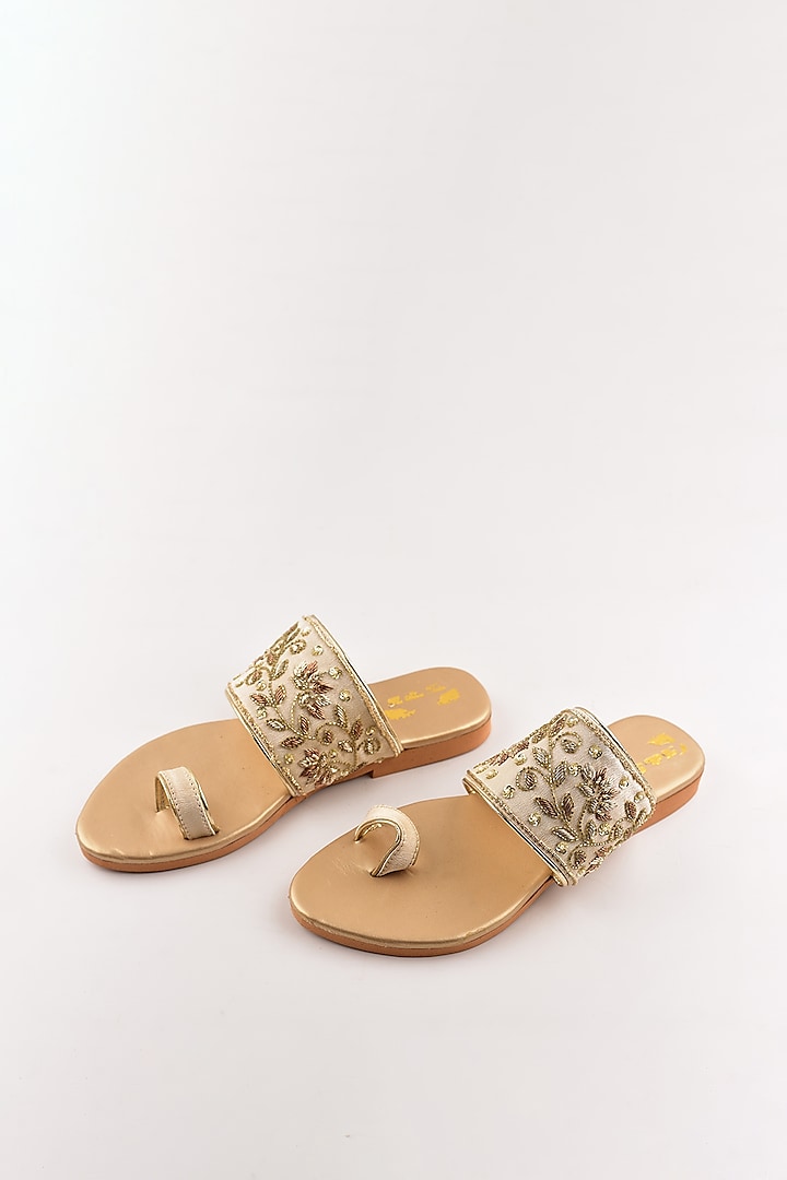 Beige & Gold Embroidered Flats by The Shoe Tales
