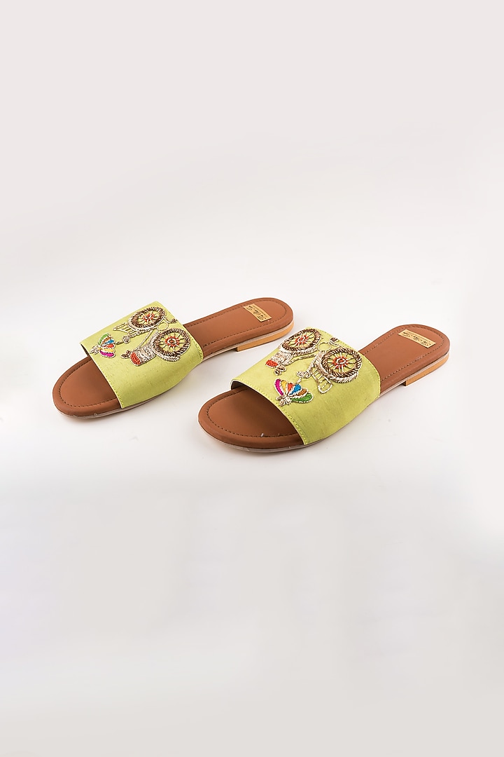 Pastel Green Cycle & Umbrella Embroidered Slip Ons  by The Shoe Tales at Pernia's Pop Up Shop