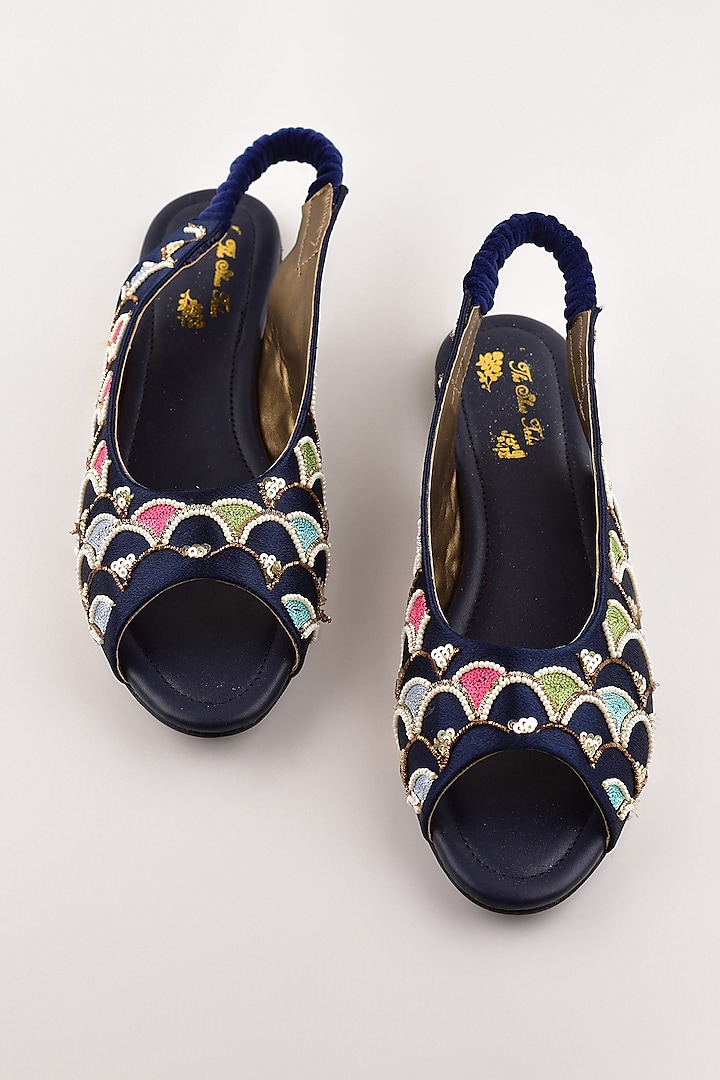 Navy Blue Scallop Embroidered Peep Toe Wedges by The Shoe Tales at Pernia's Pop Up Shop