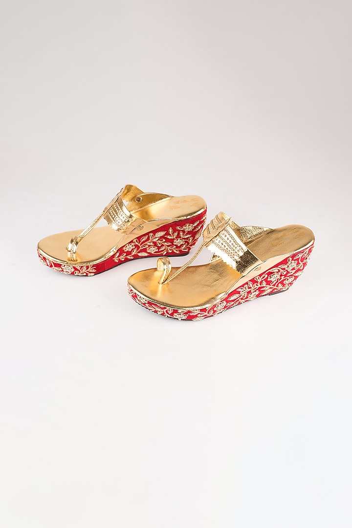 Red Embroidered Kolhapuri Wedges by The Shoe Tales at Pernia's Pop Up Shop
