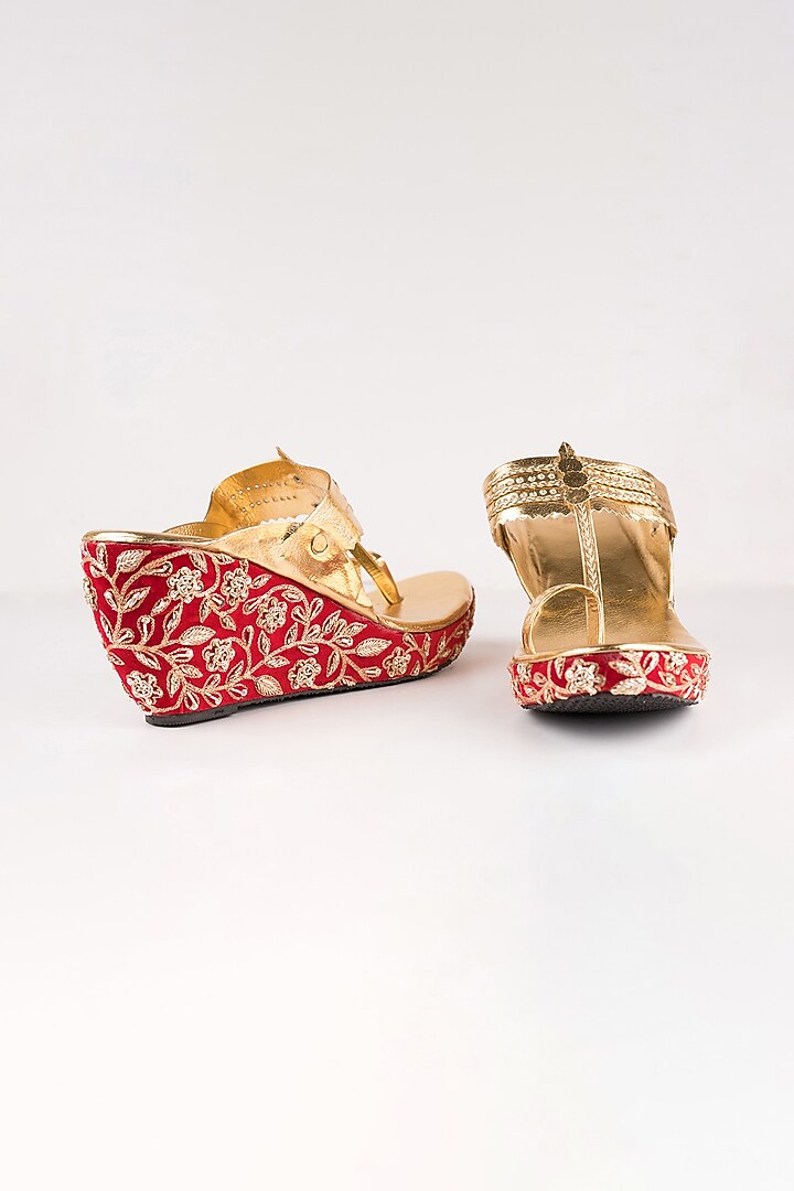 Red Embroidered Kolhapuri Wedges by The Shoe Tales at Pernia's Pop Up Shop