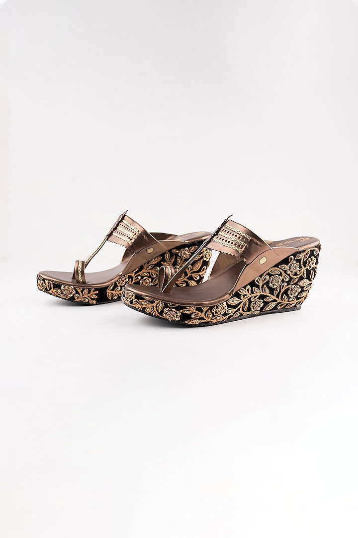 Black Embroidered Kolhapuri Wedges by The Shoe Tales at Pernia's Pop Up Shop