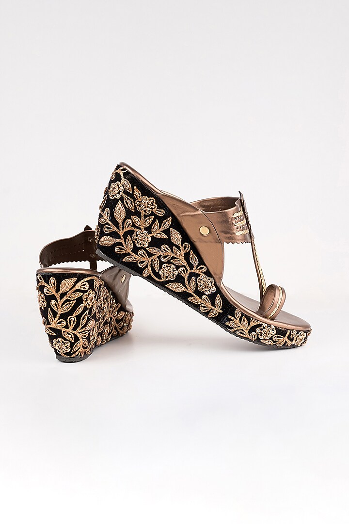 Black Embroidered Kolhapuri Wedges by The Shoe Tales at Pernia's Pop Up Shop