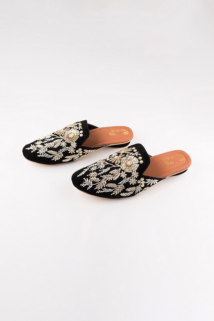 Black Zardosi Floral Mules by The Shoe Tales at Pernia's Pop Up Shop