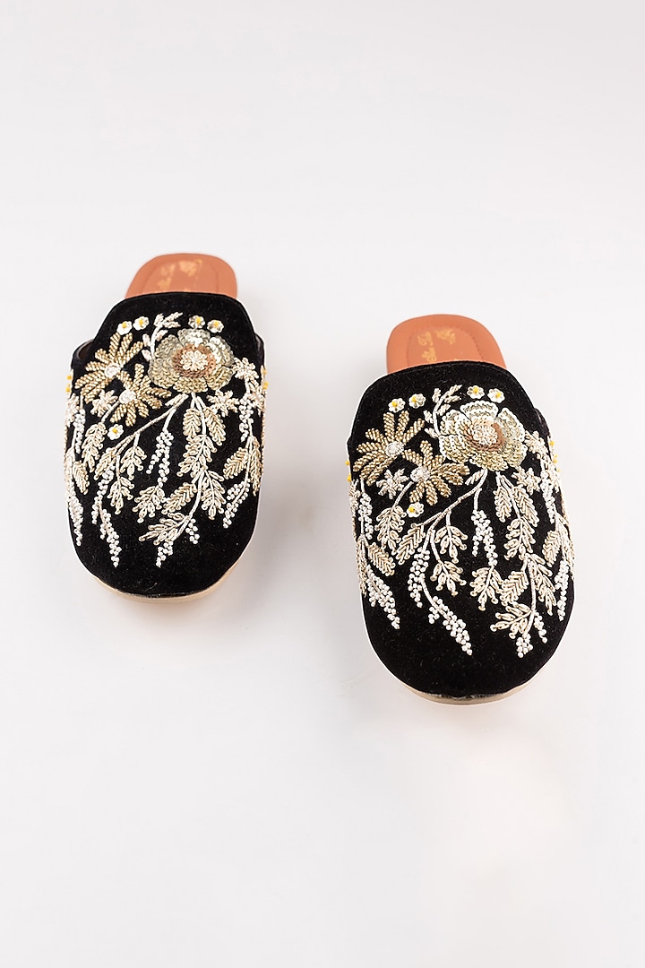 Black Zardosi Floral Mules by The Shoe Tales at Pernia's Pop Up Shop