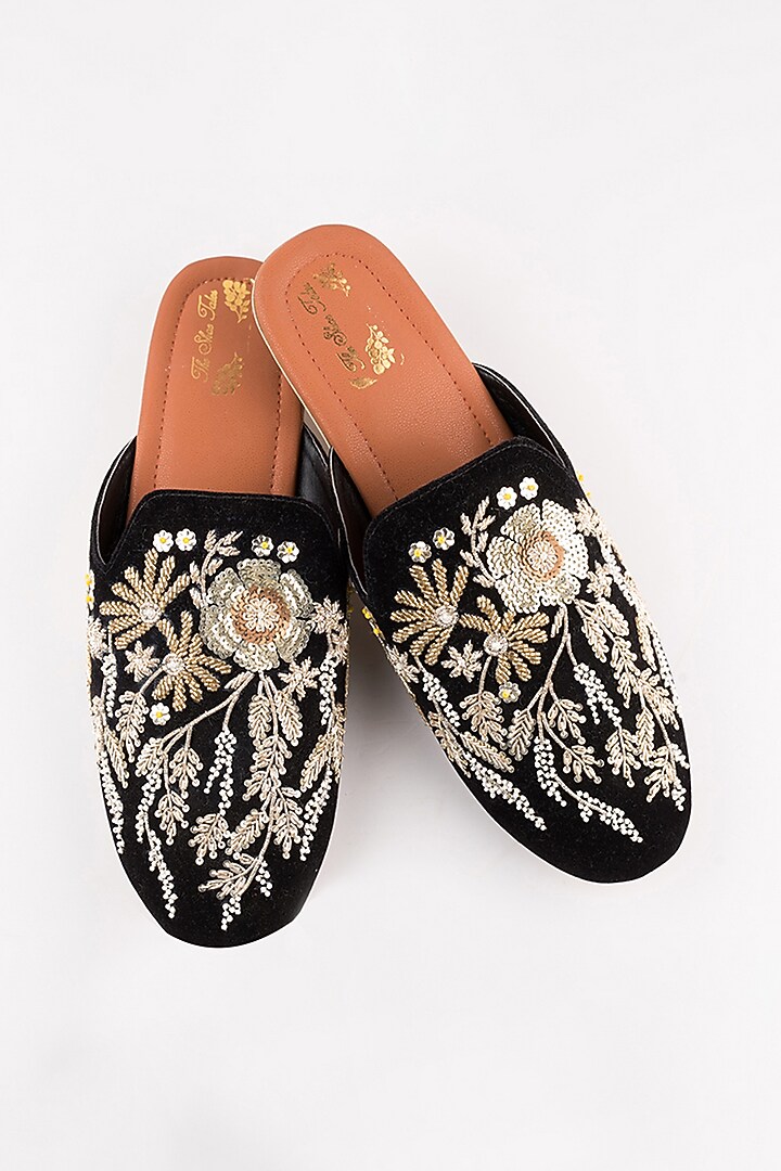 Black Zardosi Floral Mules by The Shoe Tales at Pernia's Pop Up Shop