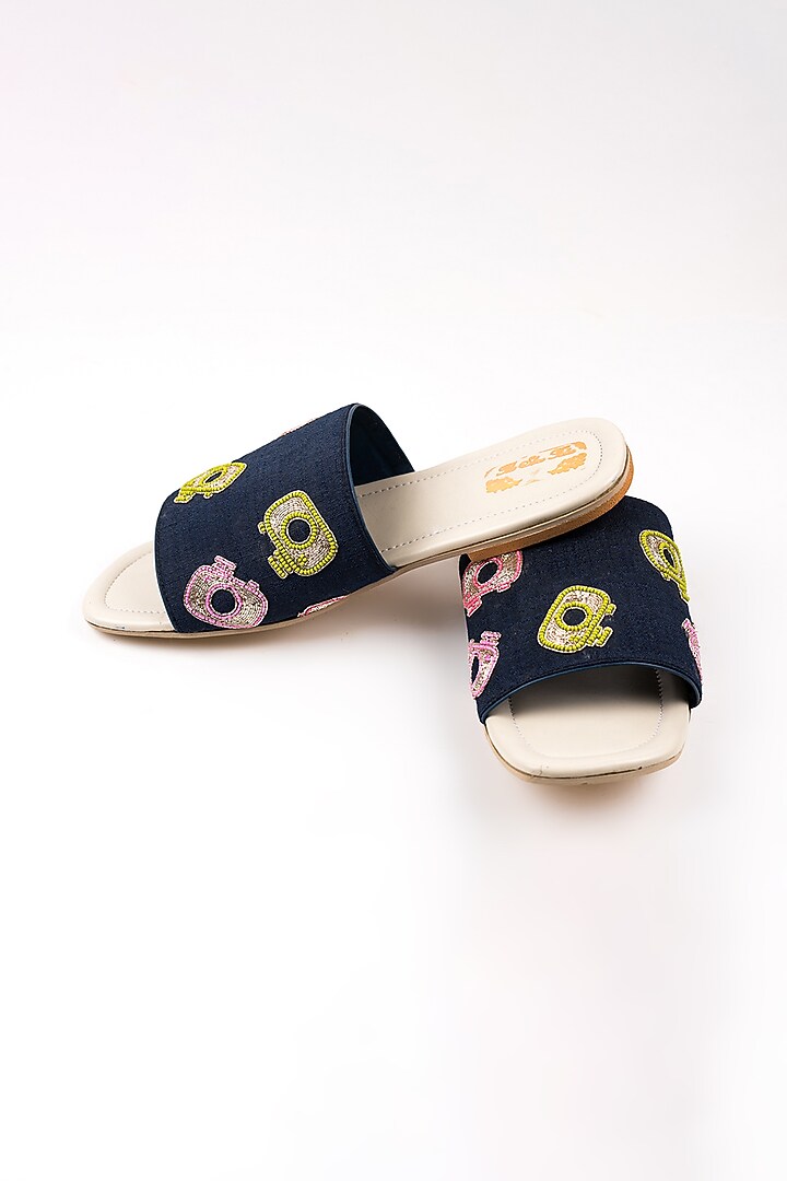 Navy Blue Camera Embroidered Slip Ons by The Shoe Tales at Pernia's Pop Up Shop