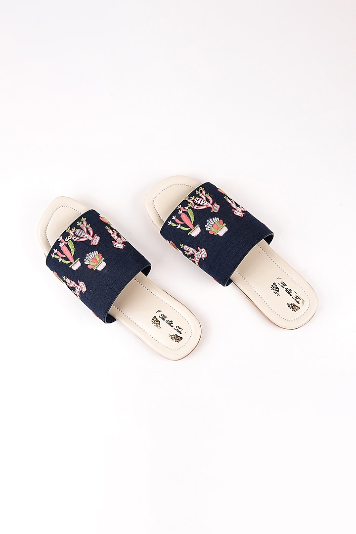 Navy Blue Cactus Embroidered Slip Ons by The Shoe Tales