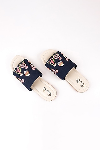 Navy Blue Cactus Embroidered Slip Ons by The Shoe Tales