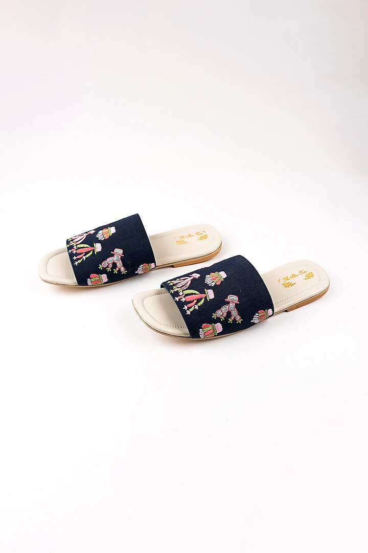 Navy Blue Cactus Embroidered Slip Ons by The Shoe Tales at Pernia's Pop Up Shop