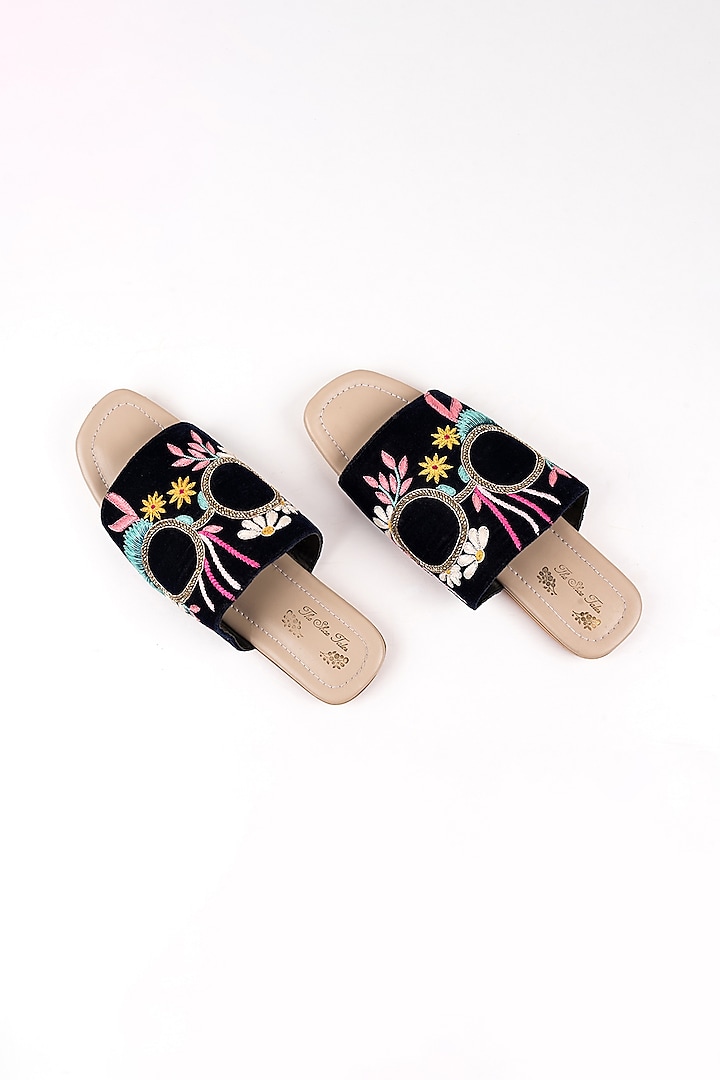 Navy Blue Velvet Embroidered Slip Ons by The Shoe Tales at Pernia's Pop Up Shop