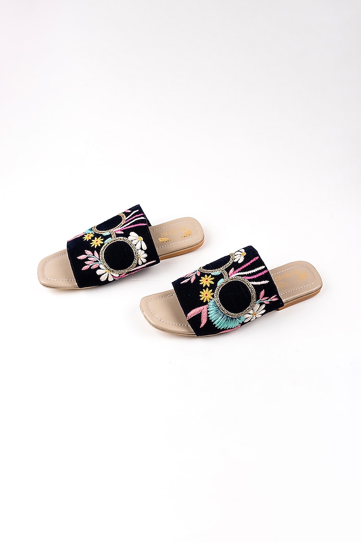Navy Blue Velvet Embroidered Slip Ons by The Shoe Tales at Pernia's Pop Up Shop