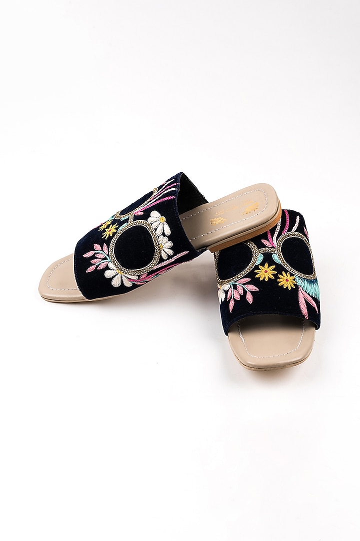 Navy Blue Velvet Embroidered Slip Ons by The Shoe Tales at Pernia's Pop Up Shop