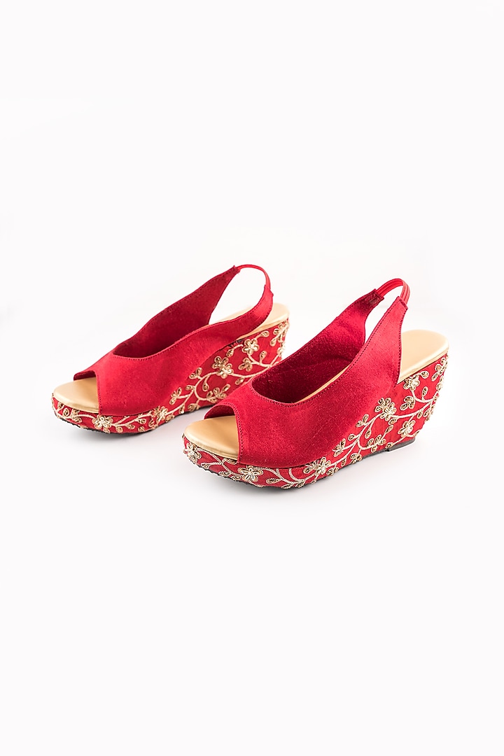 Red Floral Peep-Toe Wedges by The Shoe Tales at Pernia's Pop Up Shop