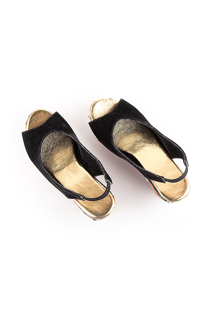 Black Embroidered Peep-Toe Wedges by The Shoe Tales at Pernia's Pop Up Shop