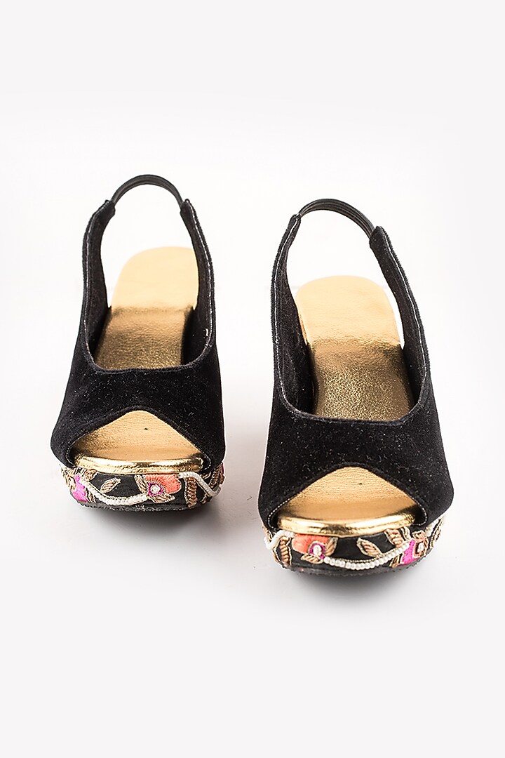 Black Embroidered Peep-Toe Wedges by The Shoe Tales at Pernia's Pop Up Shop