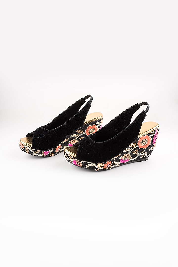 Black Embroidered Peep-Toe Wedges by The Shoe Tales at Pernia's Pop Up Shop