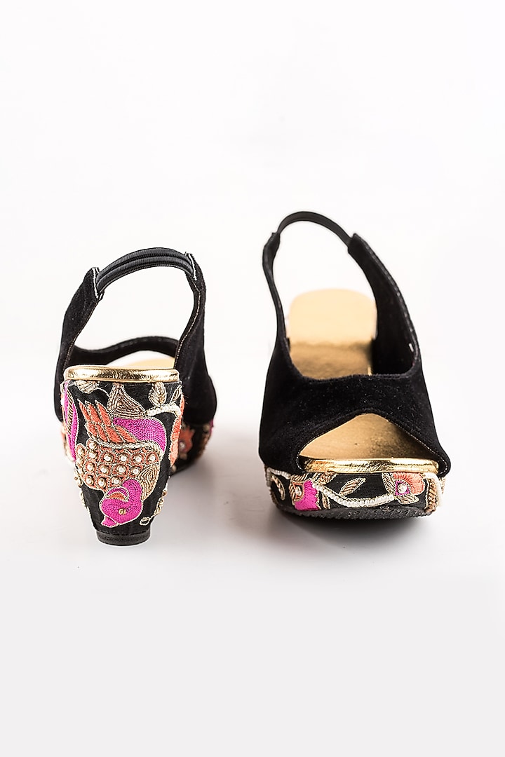 Black Embroidered Peep-Toe Wedges by The Shoe Tales at Pernia's Pop Up Shop