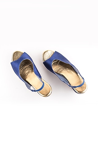 Navy Blue Checkered Peep-Toe Wedges by The Shoe Tales