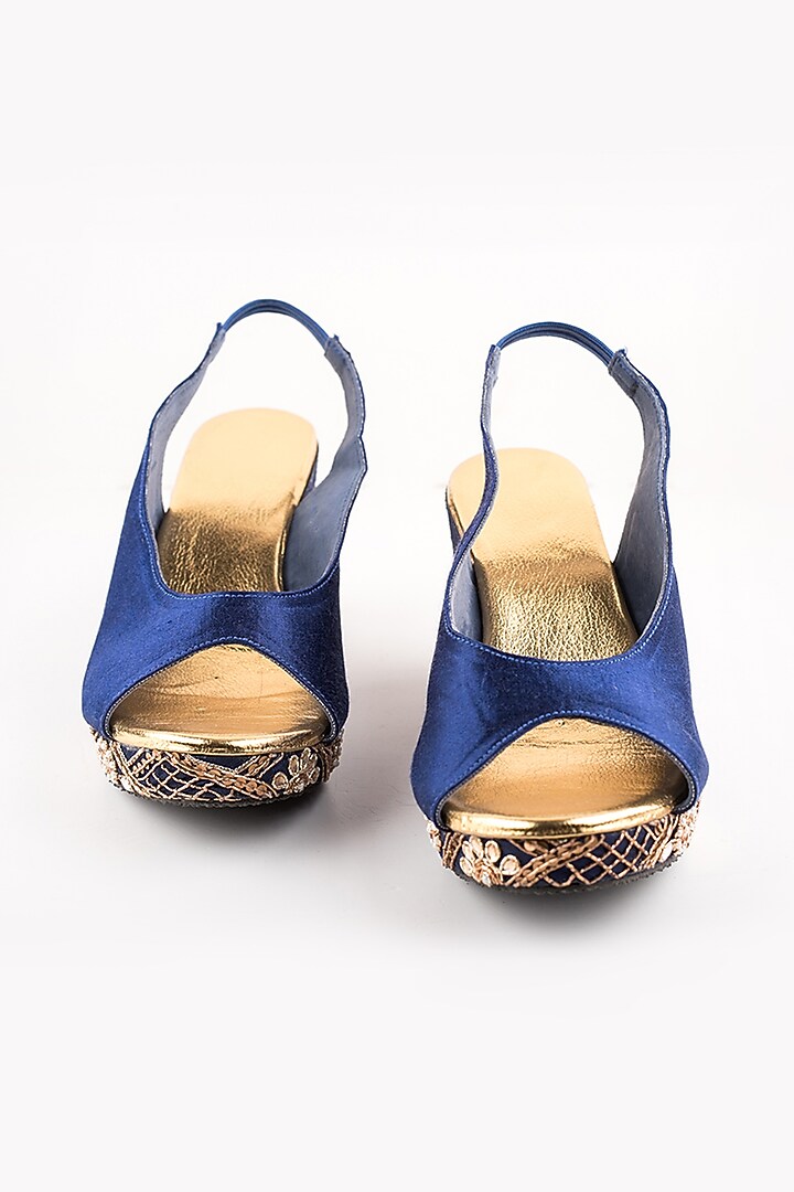 Navy Blue Checkered Peep-Toe Wedges by The Shoe Tales at Pernia's Pop Up Shop