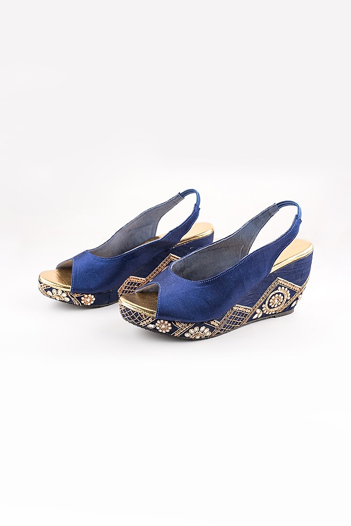 Navy Blue Checkered Peep-Toe Wedges by The Shoe Tales at Pernia's Pop Up Shop