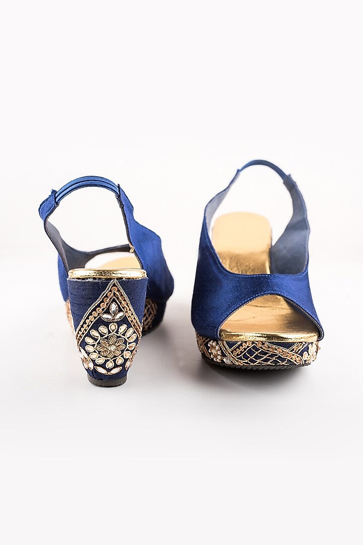 Navy Blue Checkered Peep-Toe Wedges by The Shoe Tales at Pernia's Pop Up Shop