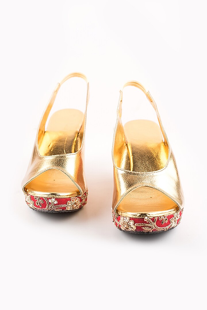 Red & Golden Embroidered Peep-Toe Wedges by The Shoe Tales at Pernia's Pop Up Shop