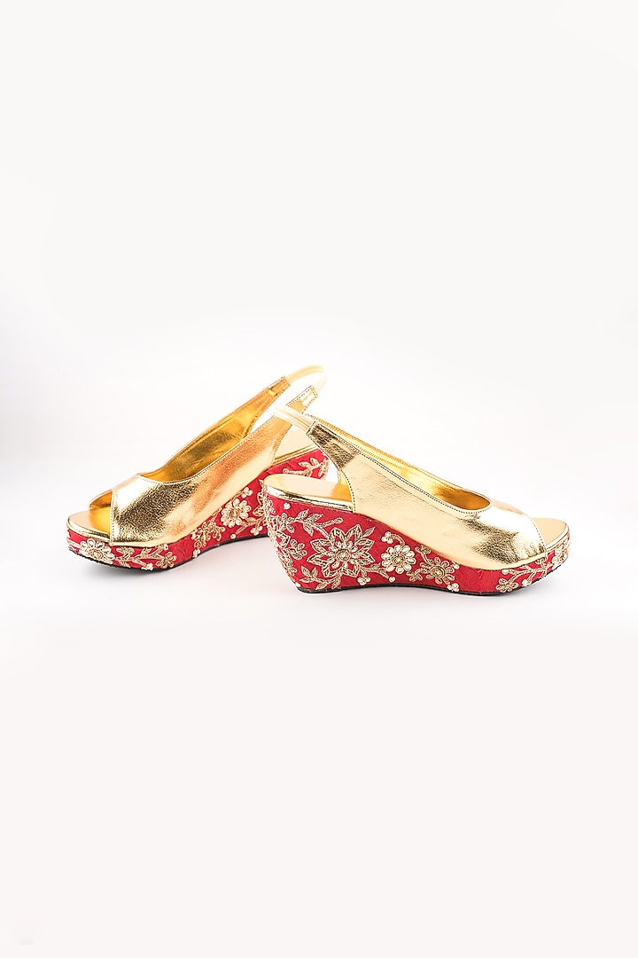 Red & Golden Embroidered Peep-Toe Wedges by The Shoe Tales at Pernia's Pop Up Shop