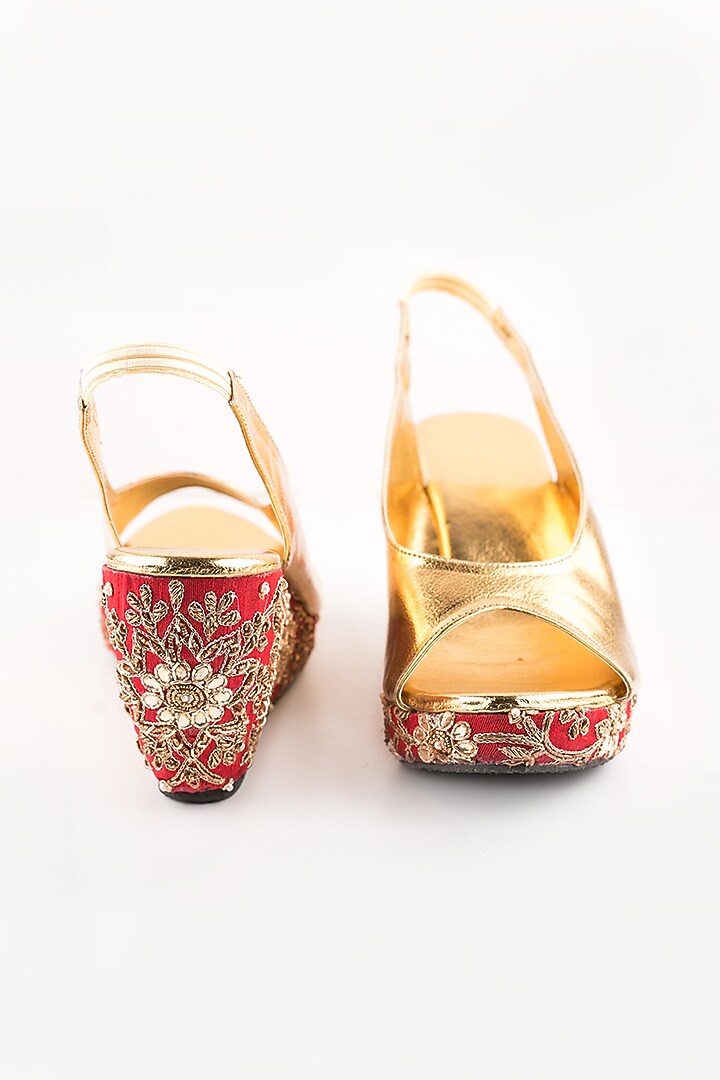 Red & Golden Embroidered Peep-Toe Wedges by The Shoe Tales at Pernia's Pop Up Shop