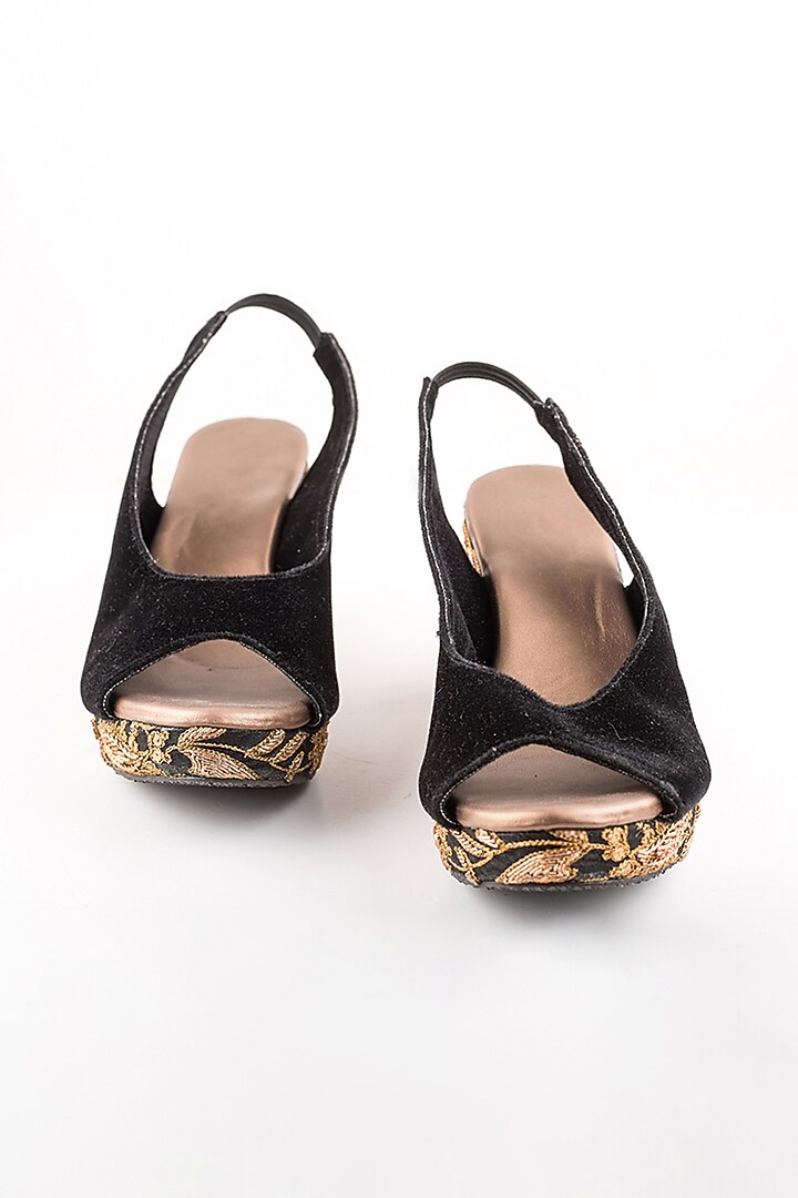 Black Embroidered Peep-Toe Wedges by The Shoe Tales at Pernia's Pop Up Shop